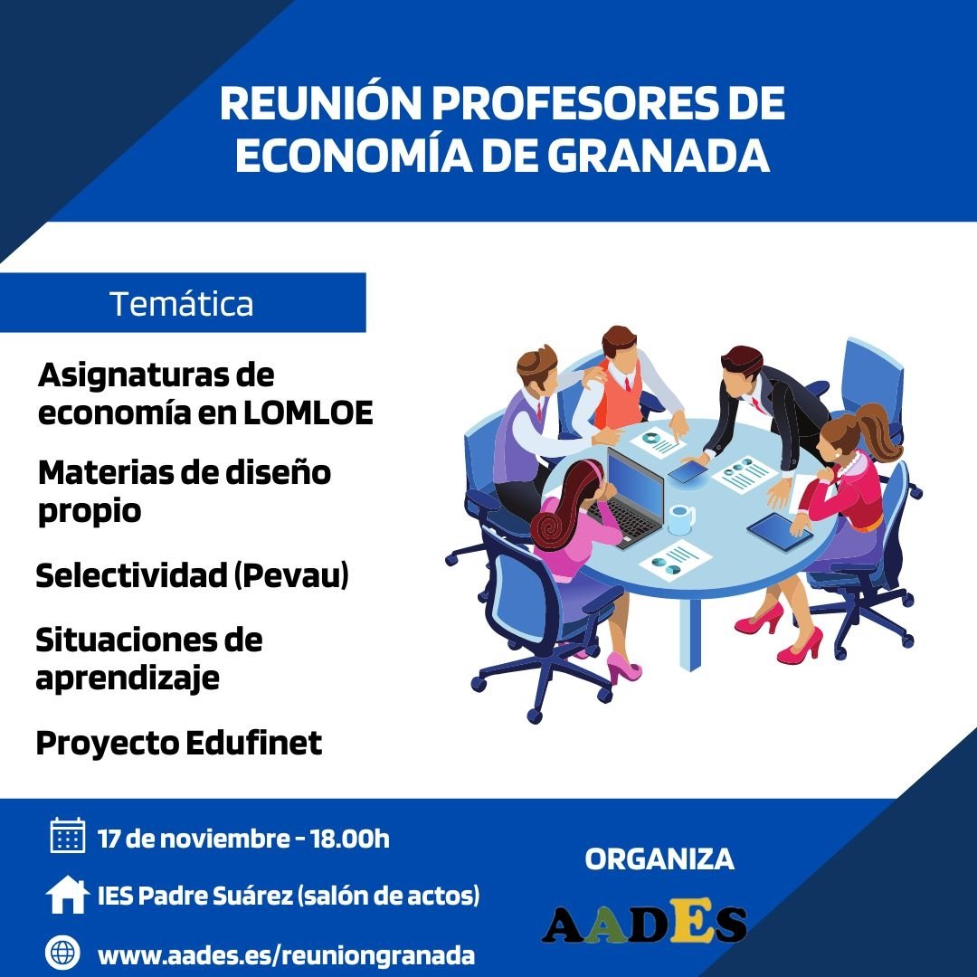 Los profesores de economía de Granada vamos a celebrar una reunión provincial el día 17 de noviembre a las 18.00h en el IES Padre Suárez.
Reunión está abierta a asociados y no asociados:
aades.es/reuniongranada
#profedeeconomia #Andaluciaquiereeconomia #EconomiaEnAndalucia