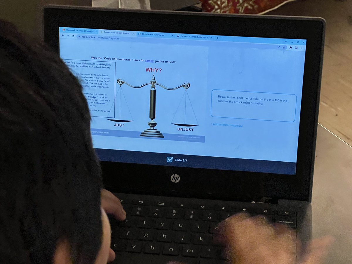 Mister_Greer's tweet photo. More than teaching students learning about Ancient Mesopotamia, I am teaching students to think critically using @PearDeck today after looking at the #DBQ “Was the Code of Hammurabi Just or Unjust? #ThinkingCritically @GoTeachKY @AspireKy https://t.co/i4y15yfQoF