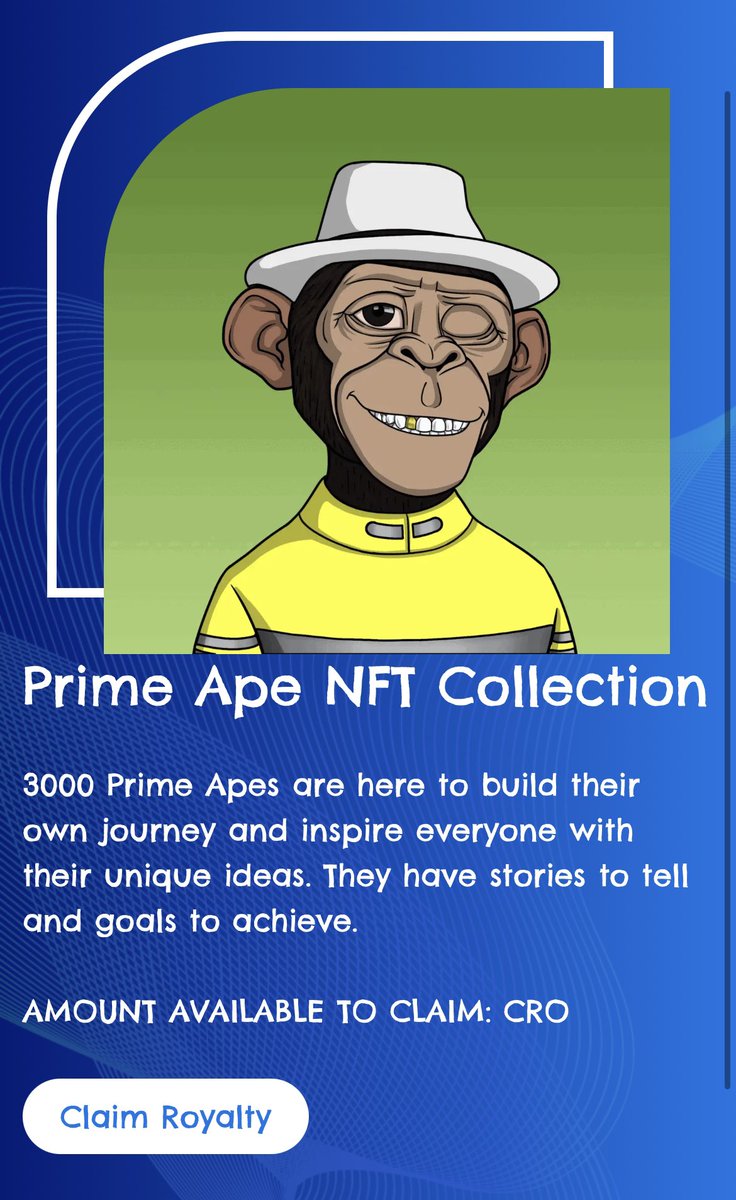 The first step of our road map is already active 💸

For those who bought our Ape the royalties are already active 🐒

Link: primeapecro.com/royalty.php

#nft #NFTGiveaway #NFTGiveaways #nftphotography #nftcollector #NFTdrop #NFTCommmunity #cronos #CronosChain