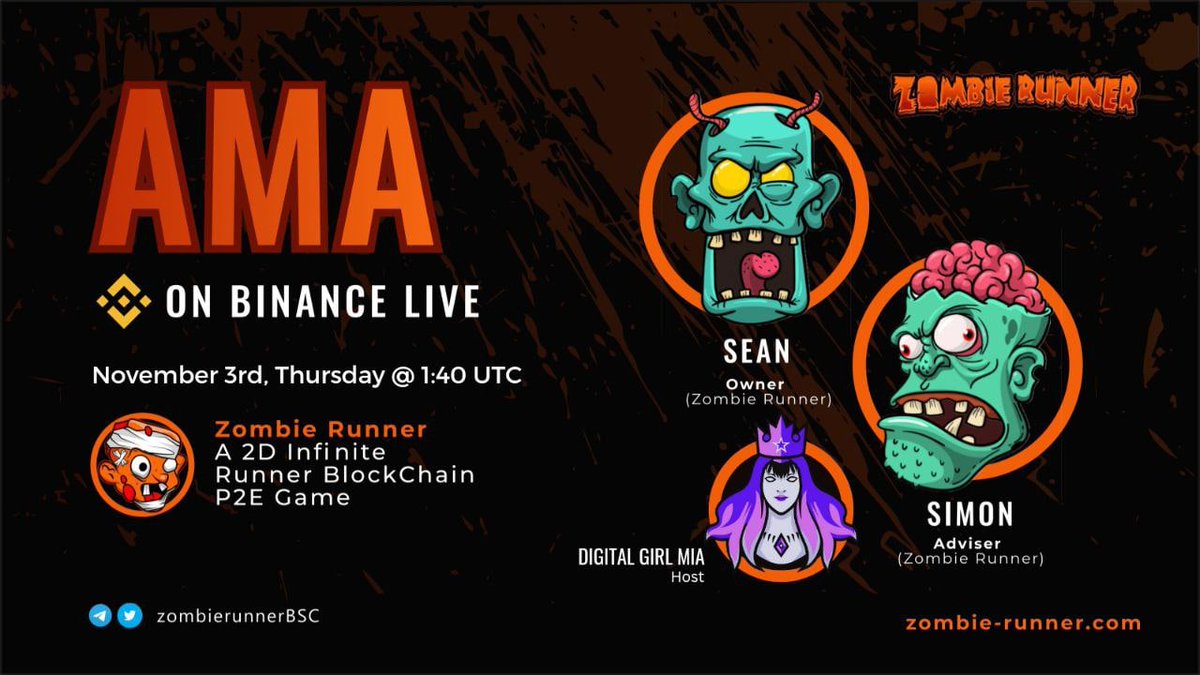 We are super proud to announce we will be holding an AMA session on 3rd November 13:40 UTC with <a href="/binance/">Binance</a>!! 🧟‍♂️🧟‍♂️🧟‍♂️

Join us in our telegram: t.me/zombierunnerBSC

#crypto #bitcoin #cryptocurrency #blockchain #ethereum #btc #binance #trading #money #cryptonews #bnb #bsc