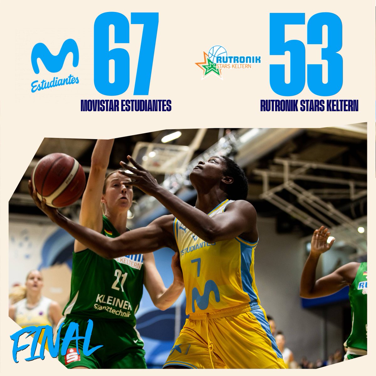 FINAL @movistar_es Estudiantes 67-53 Rutronik Stars Keltern Trabajada victoria en Madrid para poner el 1-1 en @EuroCupWomen #MovistarEstudiantesRutronikStarsKeltern #EurocupWomen 📊 fiba.basketball/eurocupwomen/2…