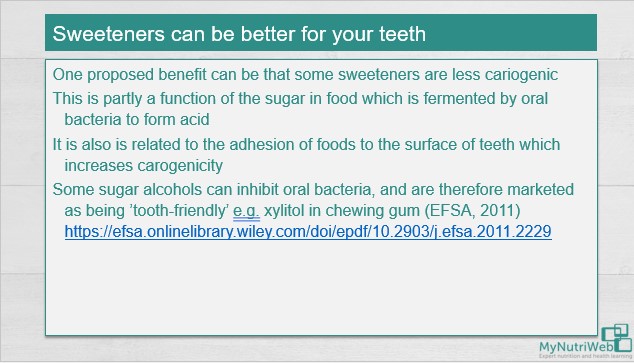 💭 Are sweeteners better for your teeth❓ 😁 

Some sugar alcohols can inhibit oral bacteria &amp; are therefore marketed as being ’tooth-friendly’ e.g. xylitol in chewing gum (EFSA, 2011)

efsa.onlinelibrary.wiley.com/doi/epdf/10.29… 

#SweetenersDiabetes #MyNutriWeb