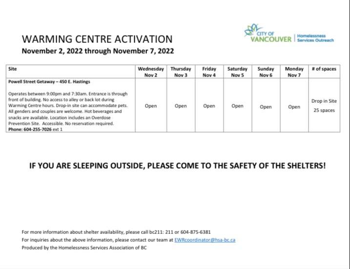 Please share: Additional shelter spaces and a warming centre are available tonight through Monday, November 7, due to an Extreme Weather Alert.

Details ⬇️