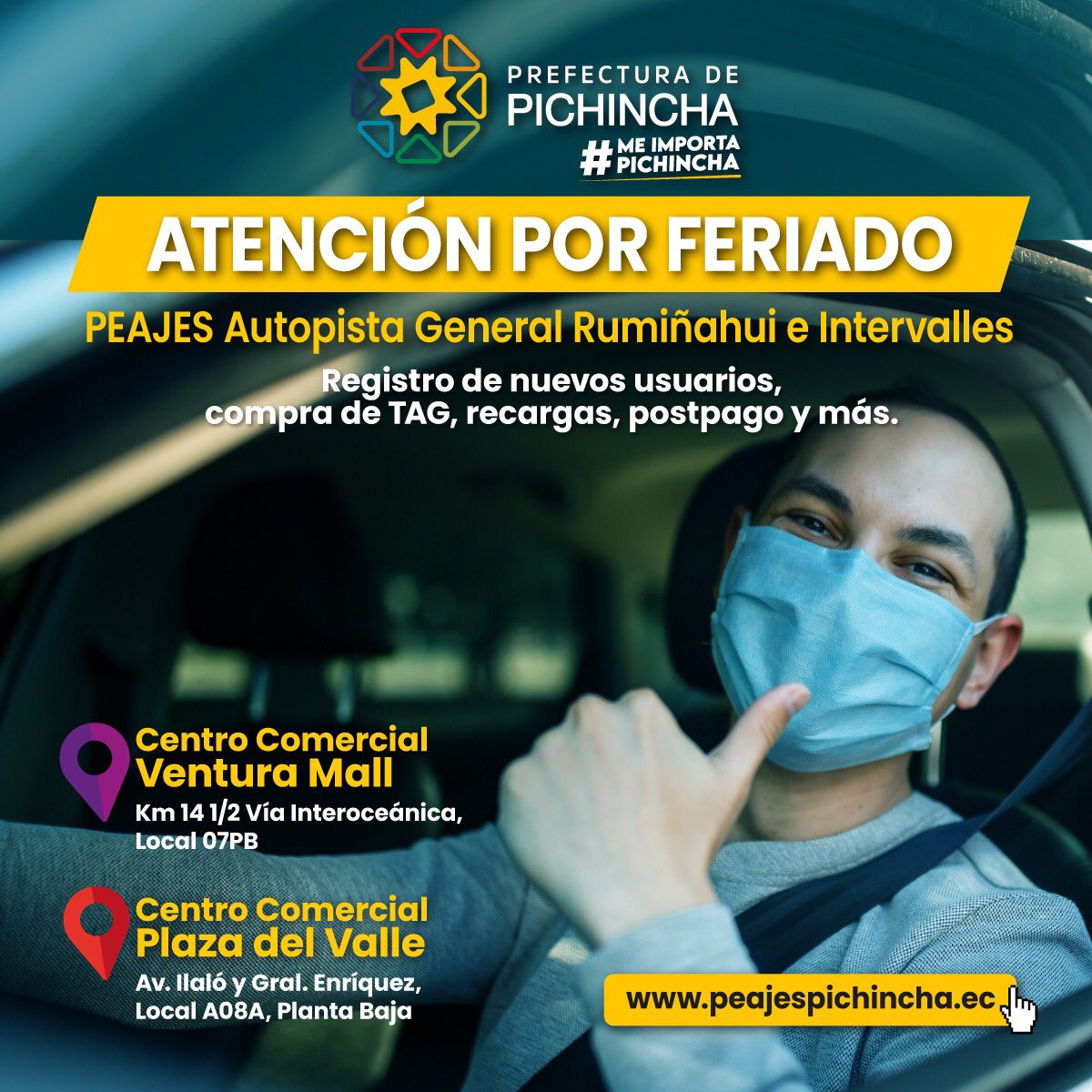 AutopistaGR's tweet photo. Atención usuarios de los peajes de la Autopista General Rumiñahui y vía Intervalles❗️

Si en este feriado requieres efectuar el registro de nuevos usuarios, compra de TAG, recargas, postpago y más; el horario de atención en nuestros puntos habilitados es el siguiente: 
1/2 https://t.co/okhtisOlFx