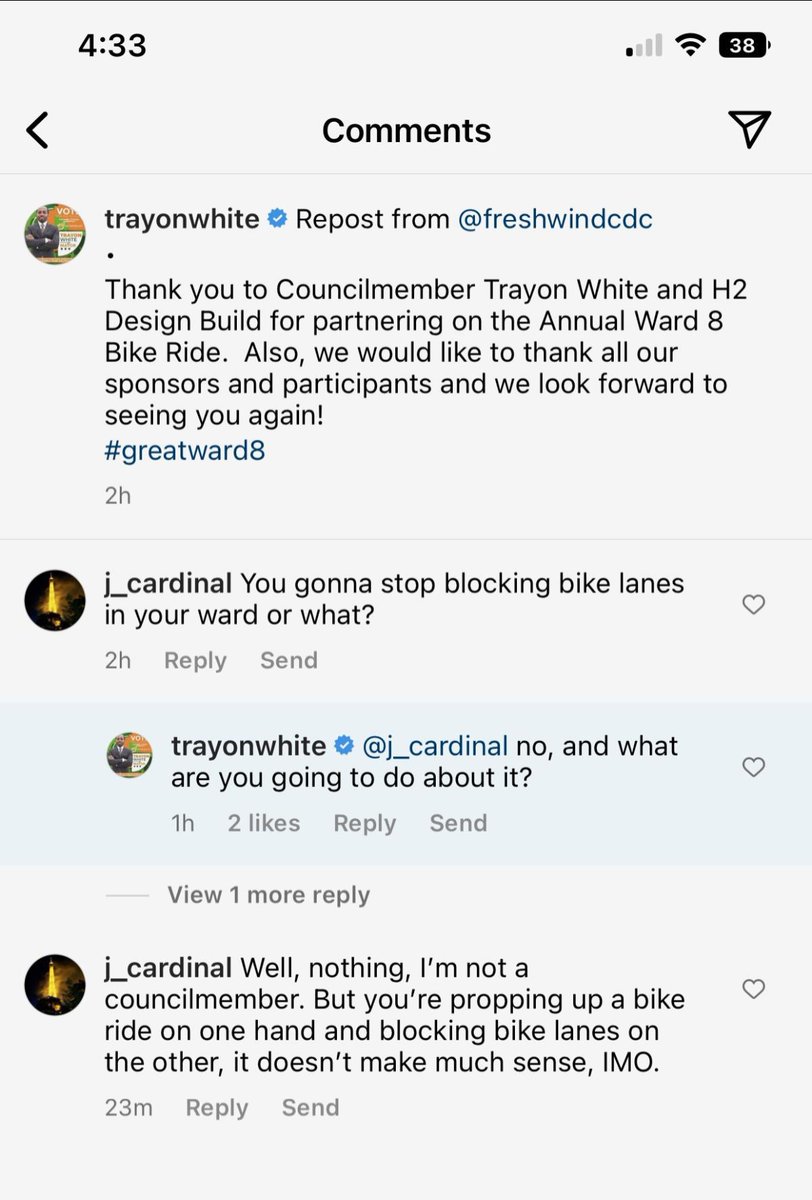 Trayon White, the ward 8 councilmember has a personal vendetta against bike lanes in his ward and chooses to abuse his power instead of making his deadly ward safer for residents and visitors. How long will city officials allow this madness? #bikedc #walkdc #visionzerodc