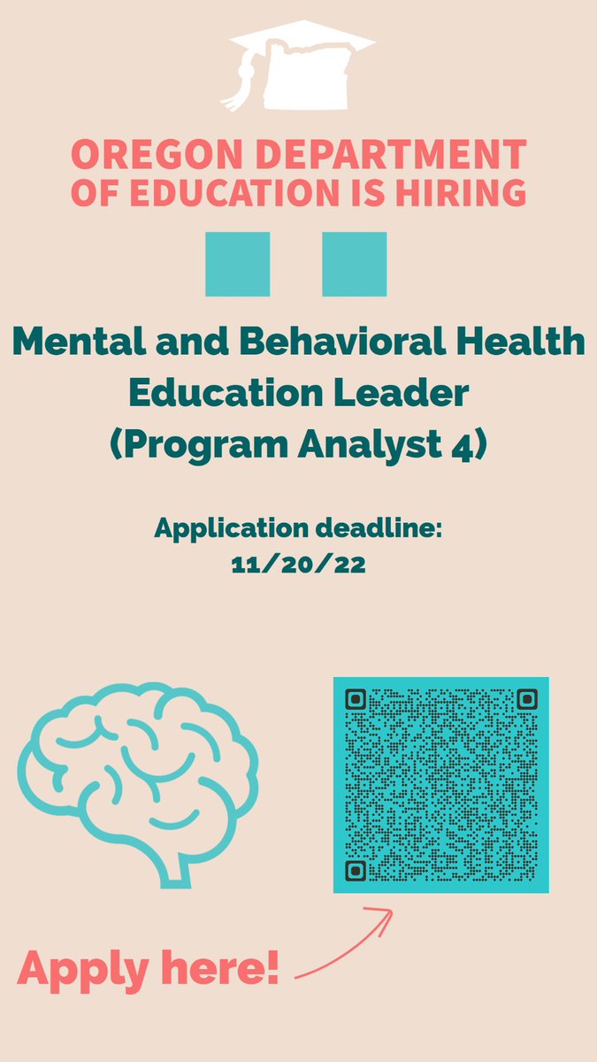 OrEd_Jobs's tweet photo. We're hiring! Mental and Behavioral Health Education Leader (Program Analyst 4) 

Apply using the QR code on the poster or by using the following link: https://t.co/1Po48rlIfC https://t.co/sznYcDQ8nY