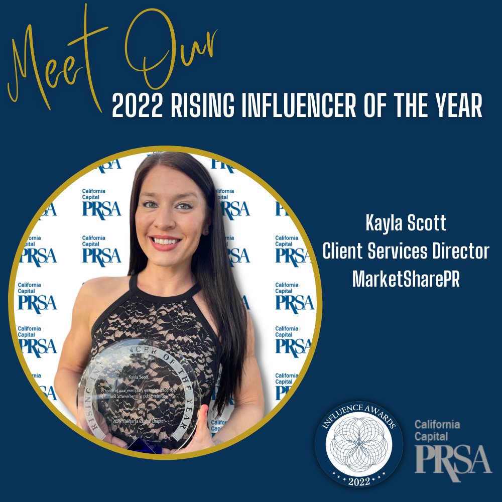 PRSASacramento's tweet photo. Meet Kayla, our 2022 Rising Influencer of the Year! 🌠 In just 5 yrs, Kayla has risen to Client Services Director at MarketShare PR. Her contributions to the community already include mentoring Sac State students,  managing Placer Food Bank's PR, and more!  #PRSAInfluence https://t.co/pP8shegwio