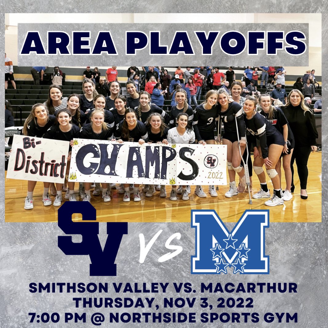 🏆Round 2 Information🏆
SV vs MacArthur
Thursday, Nov. 3rd
7 pm at Northside Sports Gym

BE THERE. WEAR NAVY. BE LOUD.
