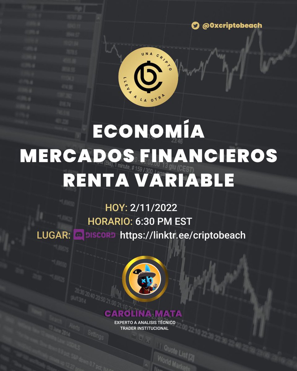 0xcriptobeach's tweet photo. La clase de hoy estará dictada por Carolina Mata @CrlnMat quién nos hablará sobre economía, mercados financieros, análisis técnico, análisis fundamental, entre otros fundamentos esenciales.

Te esperamos a las 6:30pm EST
https://t.co/LAJdrbuxUy

#Bitcoin #mundo #ETH #NFT #GRATIS https://t.co/qpTPm7pCvN