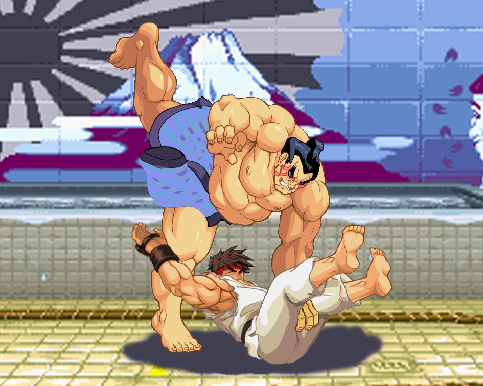 E Honda knocks out Ryu by kneading his ball.
