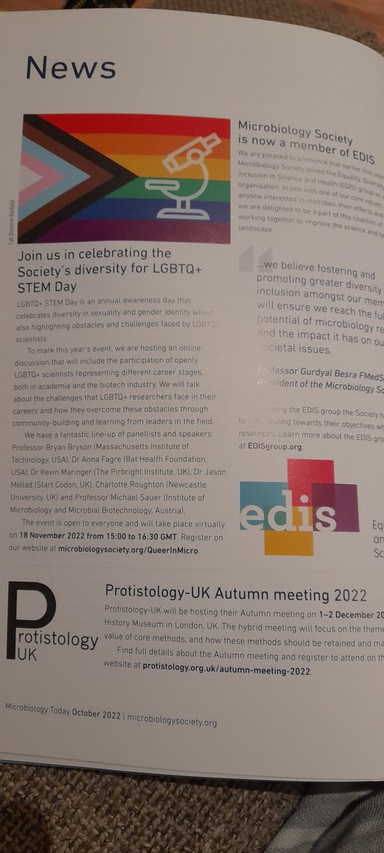 EmmaBeansworth's tweet image. Between seeing this full spread in @MicrobioSoc about their microb.io/3O96Ujs, @NorwichResearch full itinerary &amp;amp; a brief catch up with @samfrowe about #outthinkers event I am really looking forward to celebrating #LGBTQSTEMDay on 18th. &amp;amp; planning my next outreach event 🥳😲