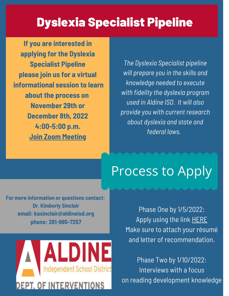 kimjenty's tweet photo. Save the dates November 29th and December 8th to attend informational meetings about the Response to Intervention and Dyslexia Specialist pipeline @AldineDyslexia @RtIAldine @tdavis_aldine https://t.co/DKSBawuKVq