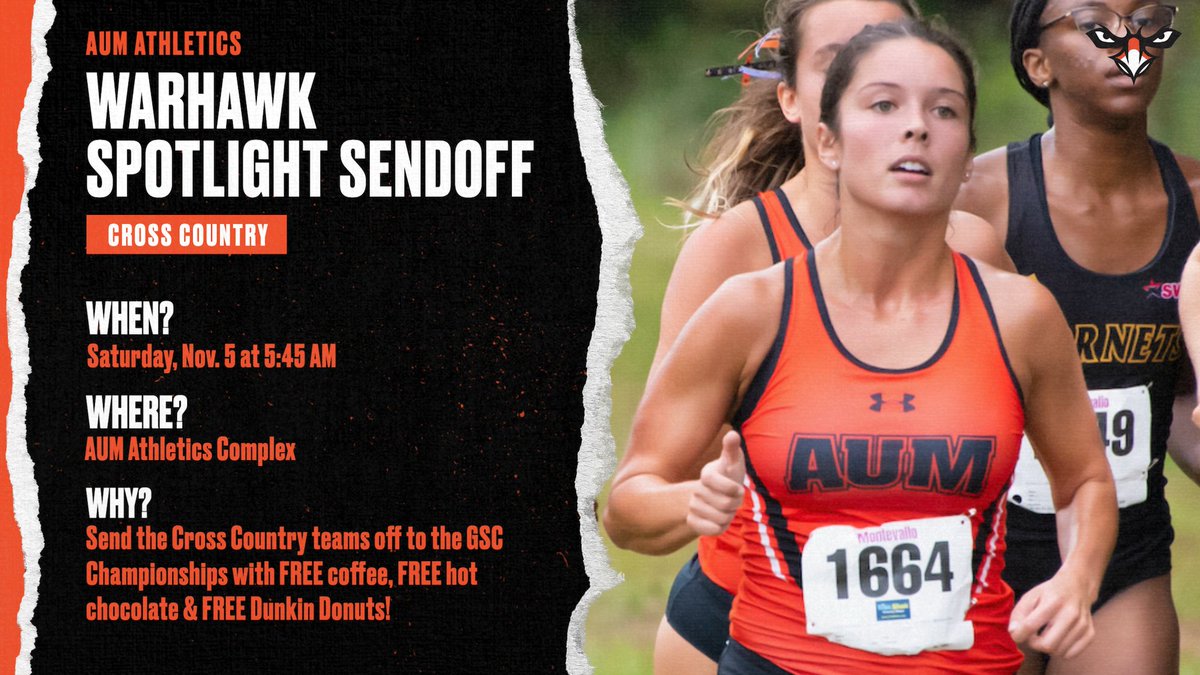 ❗️MARK YOUR 🗓❗️

Join us on Saturday morning to send <a href="/AUMWarhawksXC/">AUM Cross Country</a> off to the <a href="/GulfSouth/">Gulf South Conference</a> Championships!

🗓: Saturday, Nov. 5
📍: Montgomery, Ala.
⌚️: 5:45 AM
🏟️: AUM Athletics Complex

#WeAreAUM