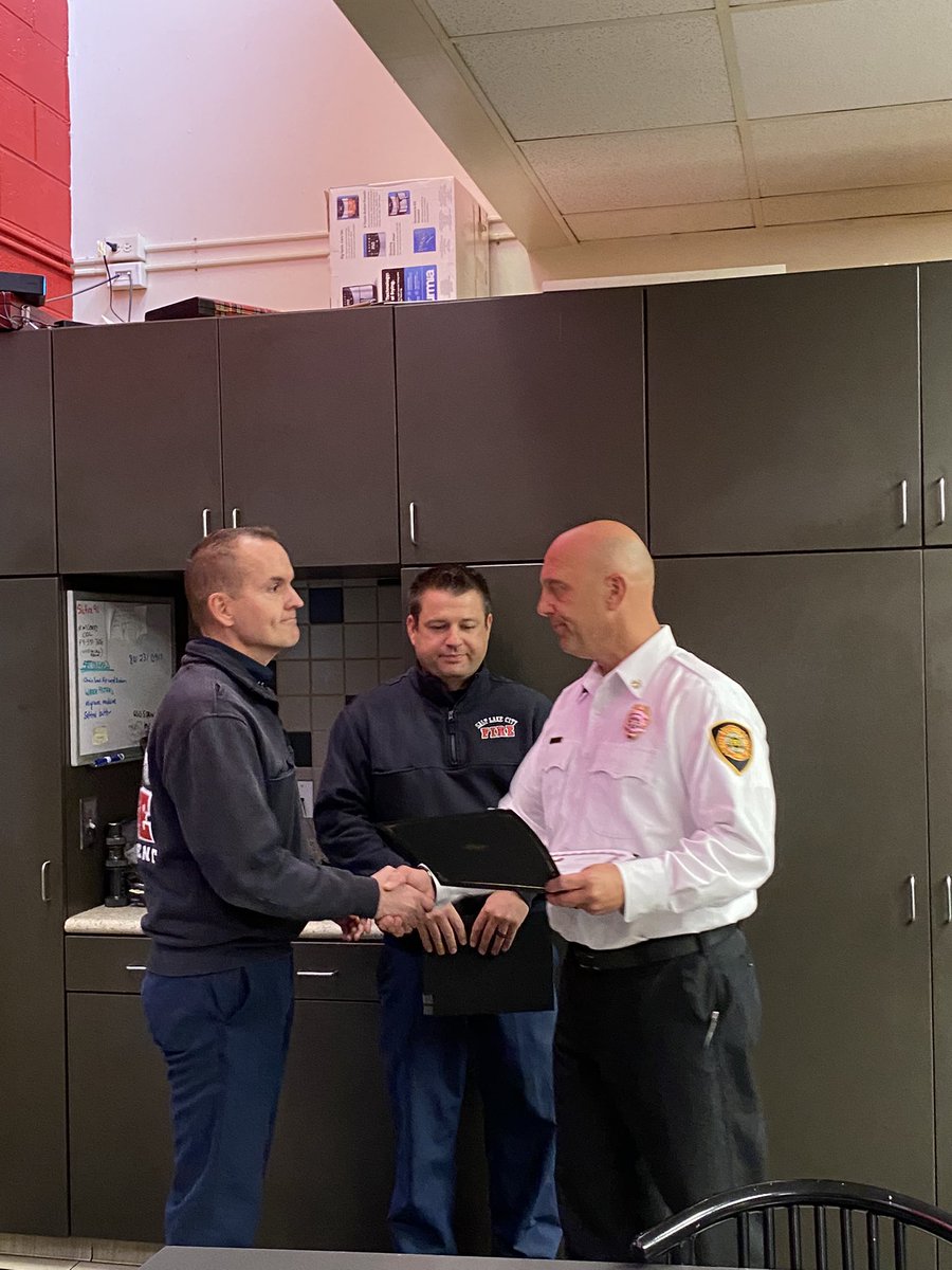 Congrats to Capt. Moser &amp; Engineer Garvey, recipients of the “Meritorious Company Award” for their rapid response on scene. Truck 8 responded to a medical that turned out to be a burn victim. Quickly adapting, and rescuing the victim prevented further injury. <a href="/ChiefLieb/">Chief Karl Lieb, SLC Fire</a> <a href="/slcfire/">Salt Lake City Fire Department</a>