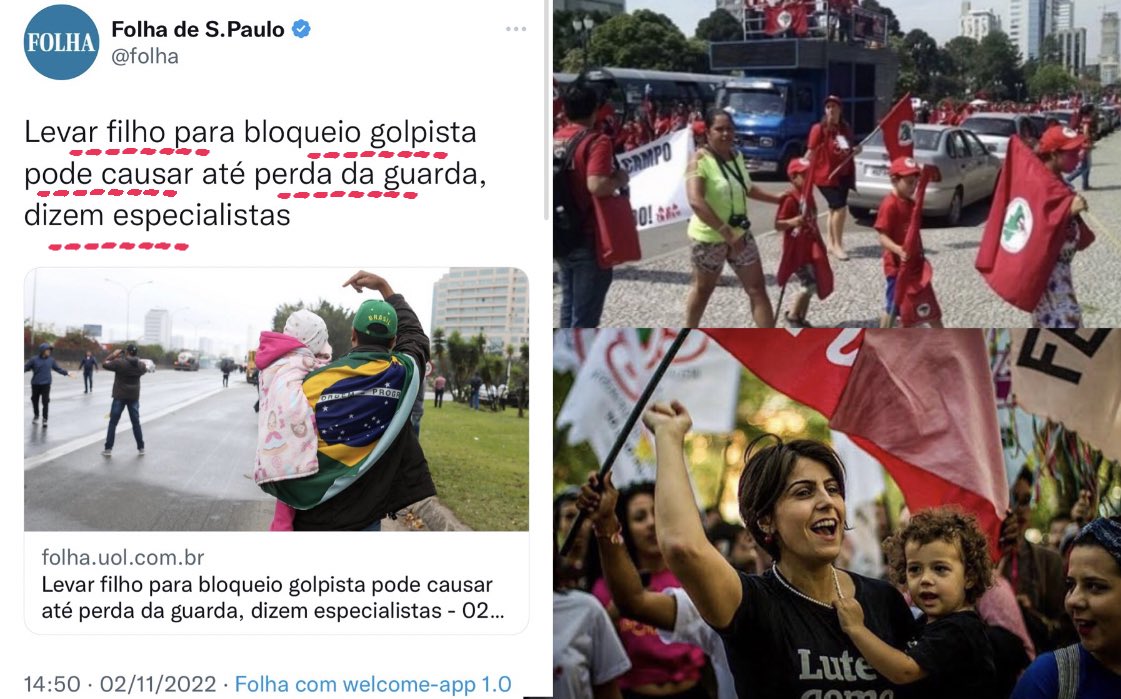 brom_elisa's tweet photo. Imprensa Patética e seus e$peciali$ta$… 

Levar o filho pra manifestação da esquerda, pra invadir terra e propriedade alheia também perde a guarda? https://t.co/lZEzFyEhNe