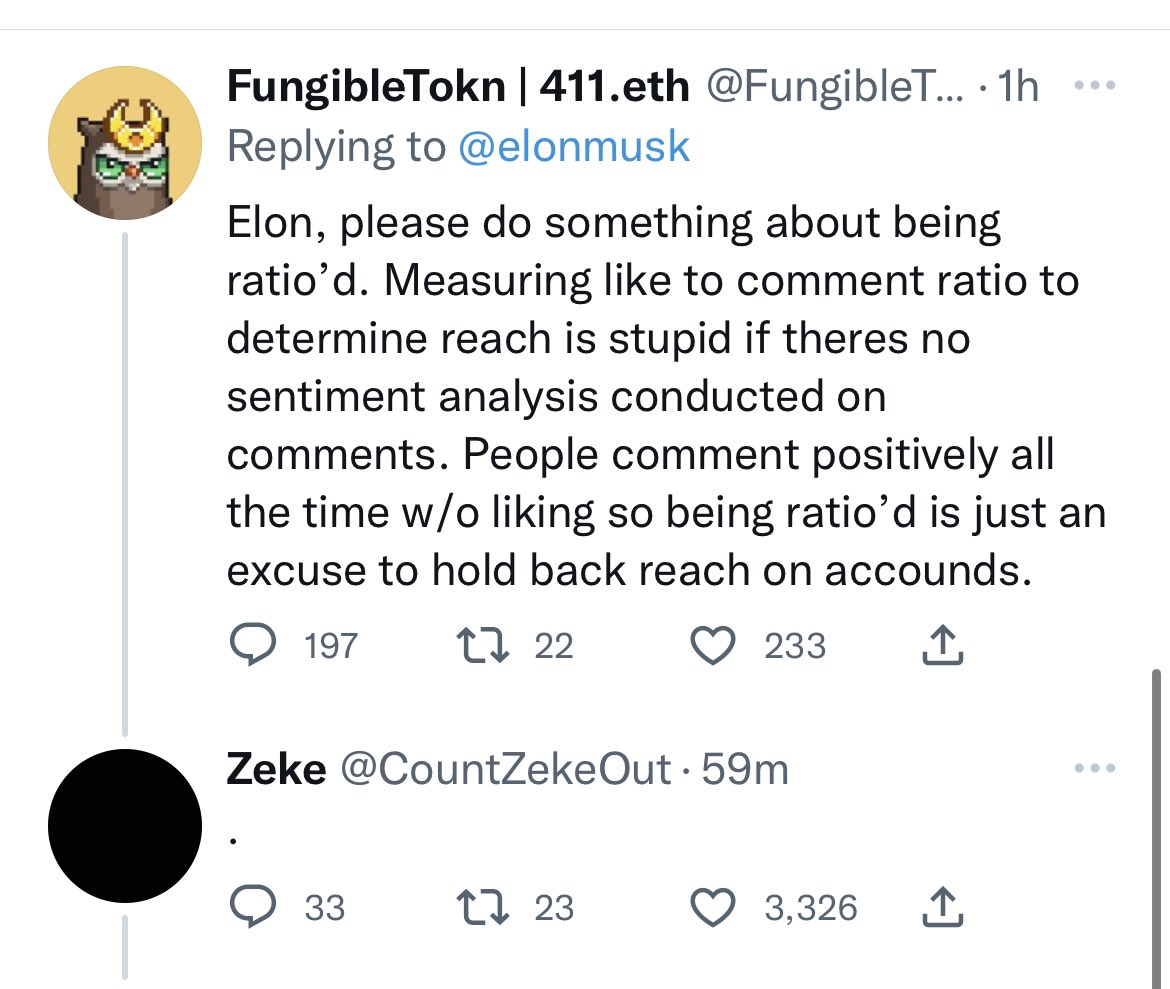 a crypto guy replying “Elon please do something about getting ratio’d” is so unbelievably on the nose i can’t believe someone actually typed it out and pressed send