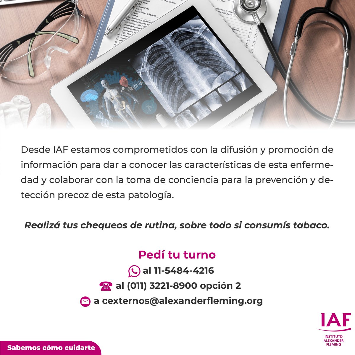 Se estima que en Argentina, se registran 11.000 casos nuevos por año. En #IAF contamos con el Programa de #deteccionprecoz de #CancerdePulmon ❗❗LA DETECCIÓN TEMPRANA SALVA VIDAS. #SabemosComoCuidarte