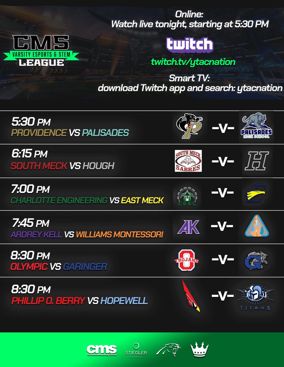 Tune in tonight and watch your very own CMS High Schools compete for the first time ever in Varsity esports &amp; STEM on 'Wednesday Night Lights'. Tune in to Twitch via the internet or your smart tv starting at 5:30pm and don't miss the action.