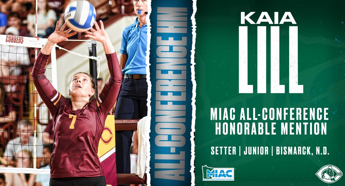 CORNGRATS to Cobber volleyball junior setter Kaia Lill who was named to the MIAC All-Conference Honorable Mention Team. Lill was 5th in the MIAC in assists in league play with 388. She recorded at least 40 assists in five conference matches. Details: bit.ly/3FFmkKD