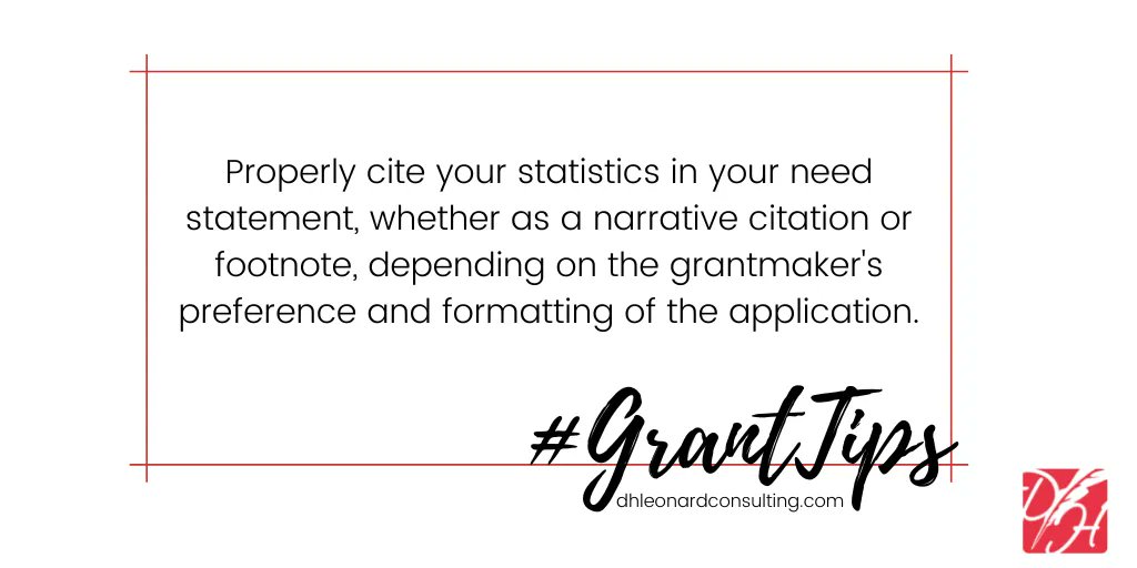 dhlconsult's tweet photo. Properly cite your statistics in your need statement, whether as a narrative citation or footnote, depending on the grantmaker's preference and formatting of the application.
#GrantTip #NeedStatement https://t.co/TSmQwrhQvL