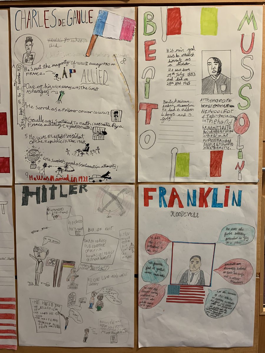 P7Dunbar's tweet photo. Have a look at the WWII Key Leaders posters that P7F created using their notes from their homework😁the pupils then confidently presented them to the class in small groups👏🏼📝#keyleaders #cooperativelearning https://t.co/7jMlZbn8fJ