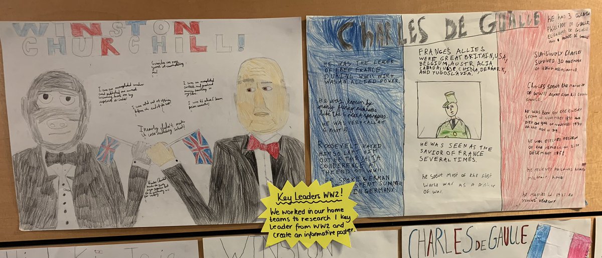 P7Dunbar's tweet photo. Have a look at the WWII Key Leaders posters that P7F created using their notes from their homework😁the pupils then confidently presented them to the class in small groups👏🏼📝#keyleaders #cooperativelearning https://t.co/7jMlZbn8fJ
