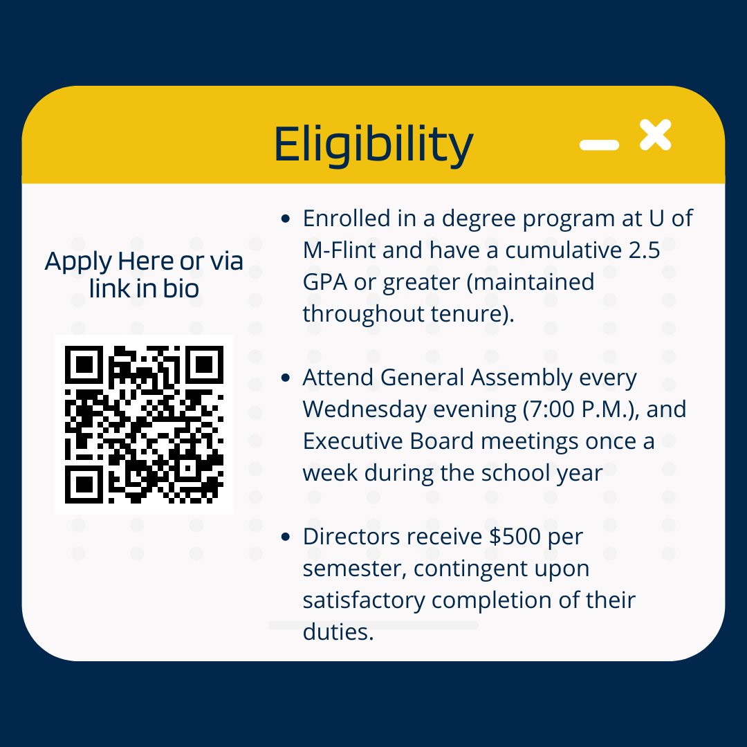 SGumflint's tweet photo. Student Government is hiring for Director positions! DEI, Student Relations, and Media Relations are all open for applicants. Apply via the link in our bio or scan the QR code!

#Umich  #Umflint #SGumflint #goblue https://t.co/MEkR6fnGGd