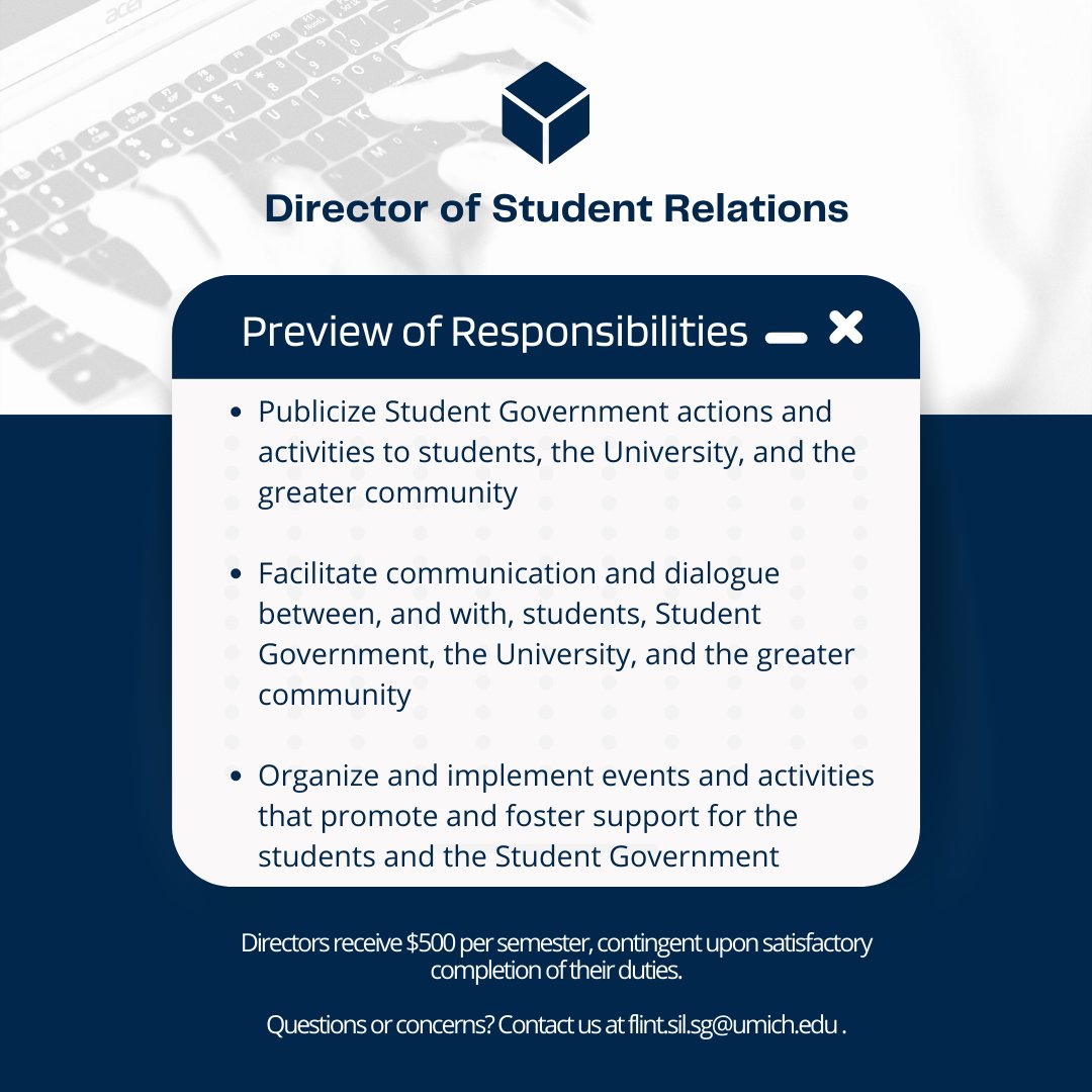 SGumflint's tweet photo. Student Government is hiring for Director positions! DEI, Student Relations, and Media Relations are all open for applicants. Apply via the link in our bio or scan the QR code!

#Umich  #Umflint #SGumflint #goblue https://t.co/MEkR6fnGGd