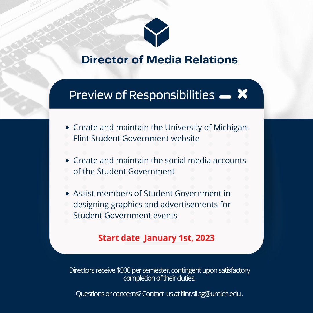 SGumflint's tweet photo. Student Government is hiring for Director positions! DEI, Student Relations, and Media Relations are all open for applicants. Apply via the link in our bio or scan the QR code!

#Umich  #Umflint #SGumflint #goblue https://t.co/MEkR6fnGGd
