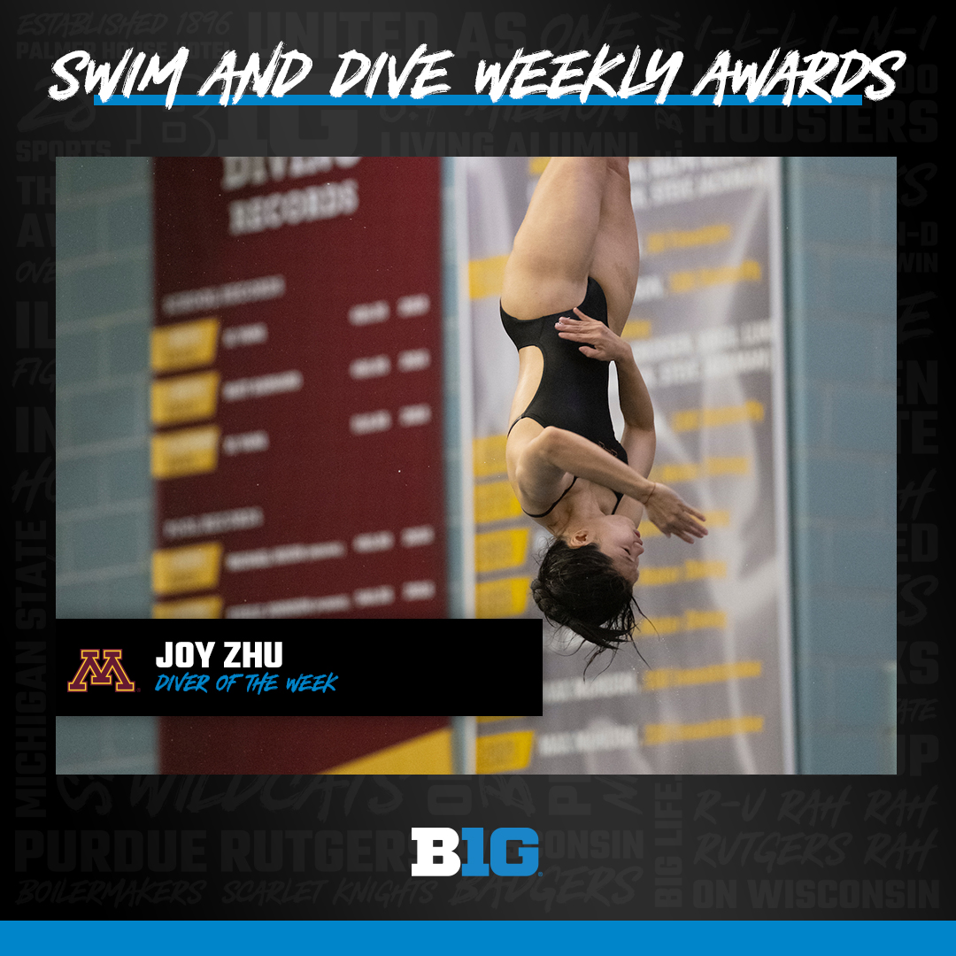 🏊‍♀️ WEEKLY AWARDS 🏊‍♀️ Joy Zhu of @GopherSwimDive is the Women's #B1GSD Diver of the Week! ◻️Placed first in the 1-meter with a score of 329.35, 106.05 points 🔗 bit.ly/3UjUSpZ