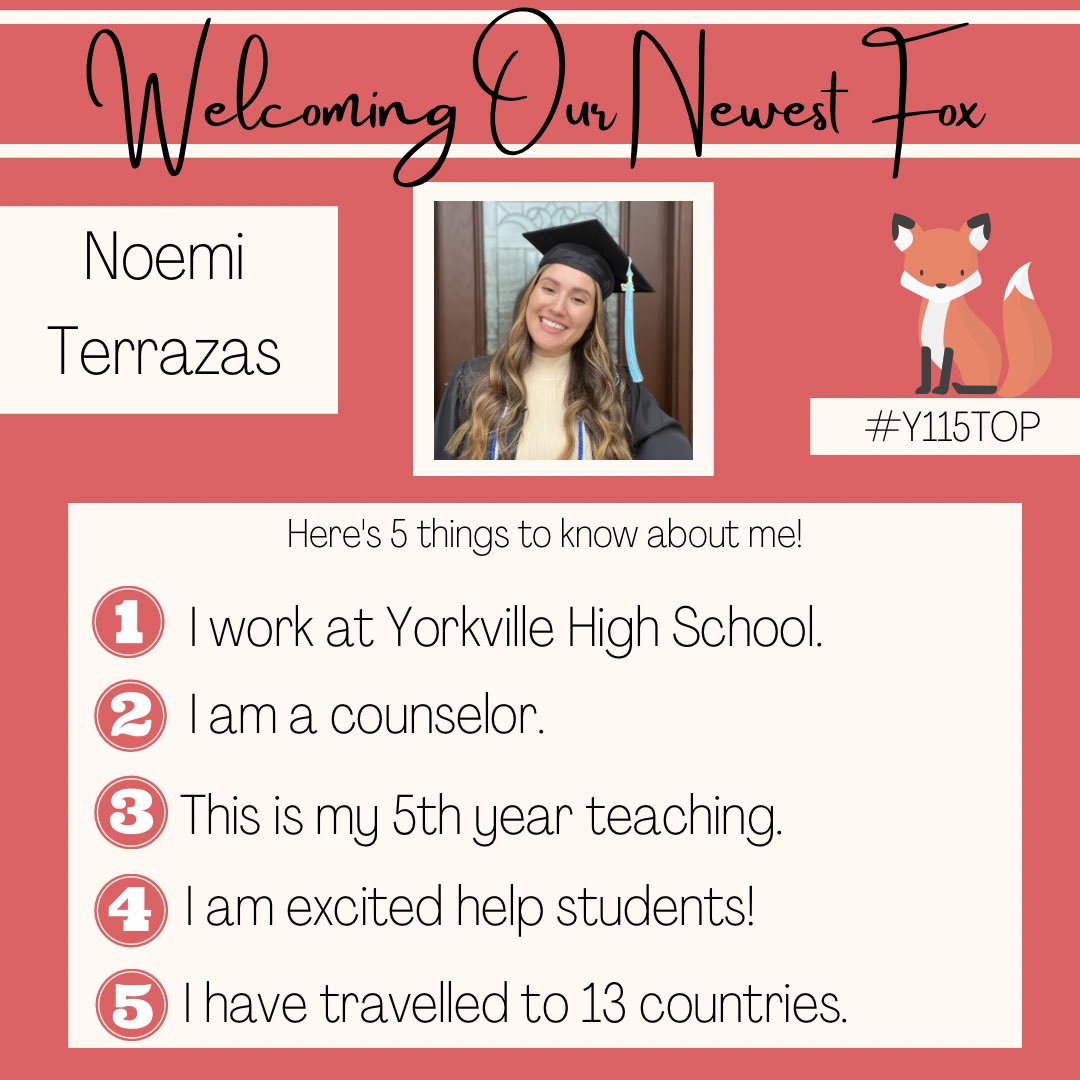 We’re so excited this world traveler has ended up as a counselor <a href="/115yhs/">Yorkville High School</a>! ✈️🌎 Welcome to <a href="/Yorkville115/">Yorkville Community Unit School District 115</a>, Noemi Terrazas! 🦊🎉 #Y115TOP