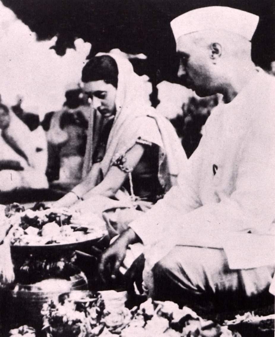 Jawaharlal Nehru at the wedding of daughter Indira with Feroze Gandhi, 26 March, 1942.