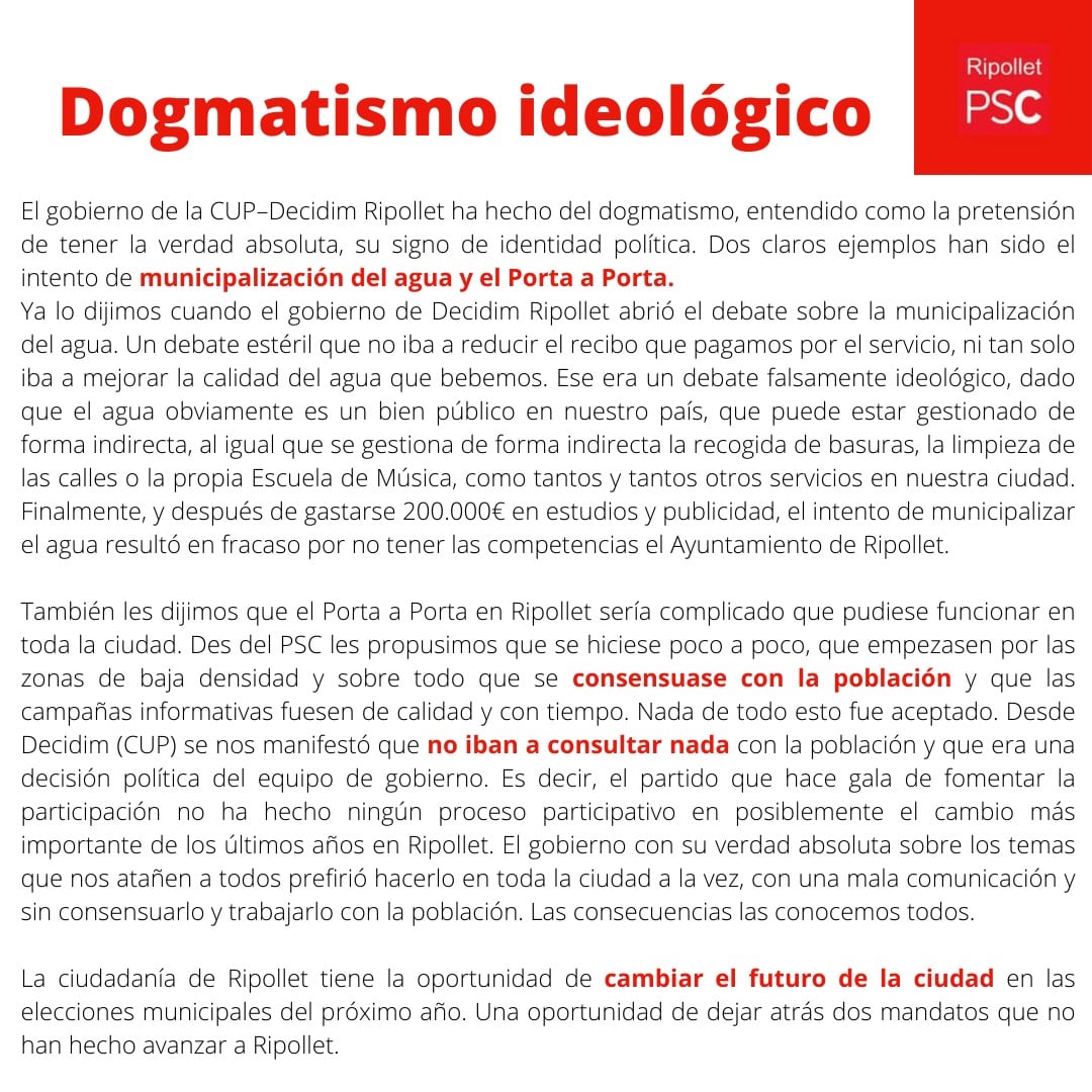 PSCRIPOLLET's tweet photo. 📰Article del mes de novembre de la revista lallana.
"El gobierno de la CUP-Decidim ha hecho del dogmatismo su signo de identidad política. Dos claros ejemplos han sido el intento de municipalización del agua y el Porta a Porta".
#estimemRipollet
#pscripollet
#ripollet https://t.co/zSJk9uIxt7