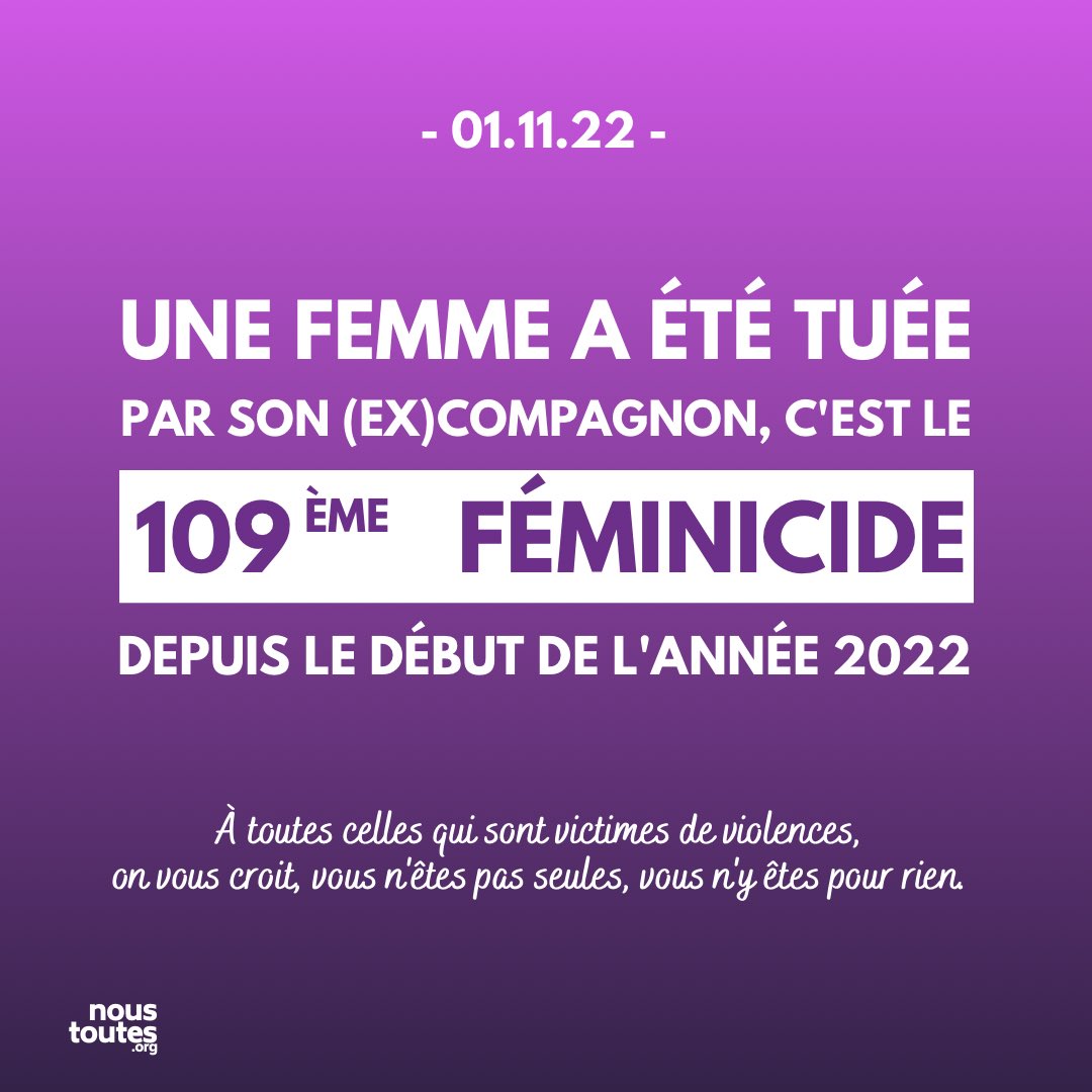 NousToutesOrg's tweet photo. Mardi 1er novembre à Meudon (92), une femme a été poignardée par son compagnon en présence de leurs 2 enfants.

En ce jour de fête des morts, nous pensons à toutes nos sœurs assassinées. Elles sont au moins 108 rien que cette année.

Source: https://t.co/QLN4Ao1BQd @le_Parisien https://t.co/wqQg8IRkxo