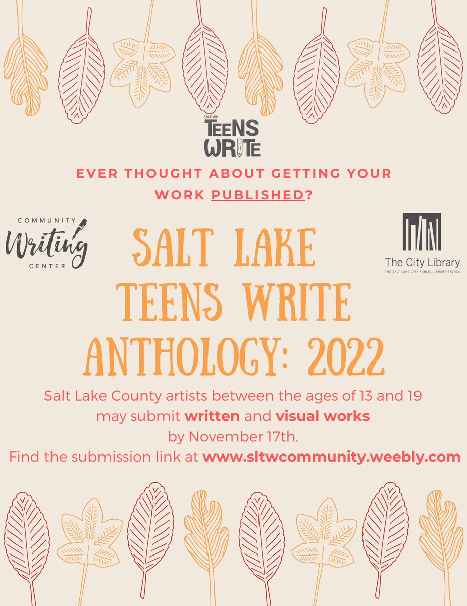 The SLTW anthology is open for submissions! If you know any high-school age writer, photographer, or artist, encourage them to submit!

Deadline: Nov 17, 2022

Submit:
cwc.submittable.com/submit

Info:
sltwcommunity.weebly.com

#writingcommunity #slc #utah #CallForSubmissions