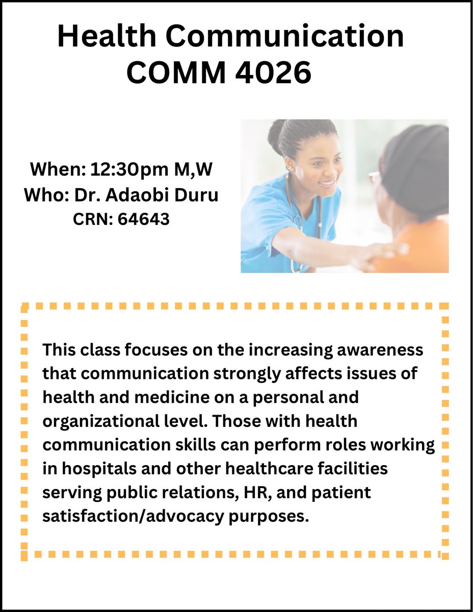 UlmComm's tweet image. Check out our Health Communication class! Have an interest in healthcare as a career? Want to better advocate for yourself on your journey to a healthier life? This class provides the communication tools for success. Talk to your advisor to find out more! #ulmcommprogram