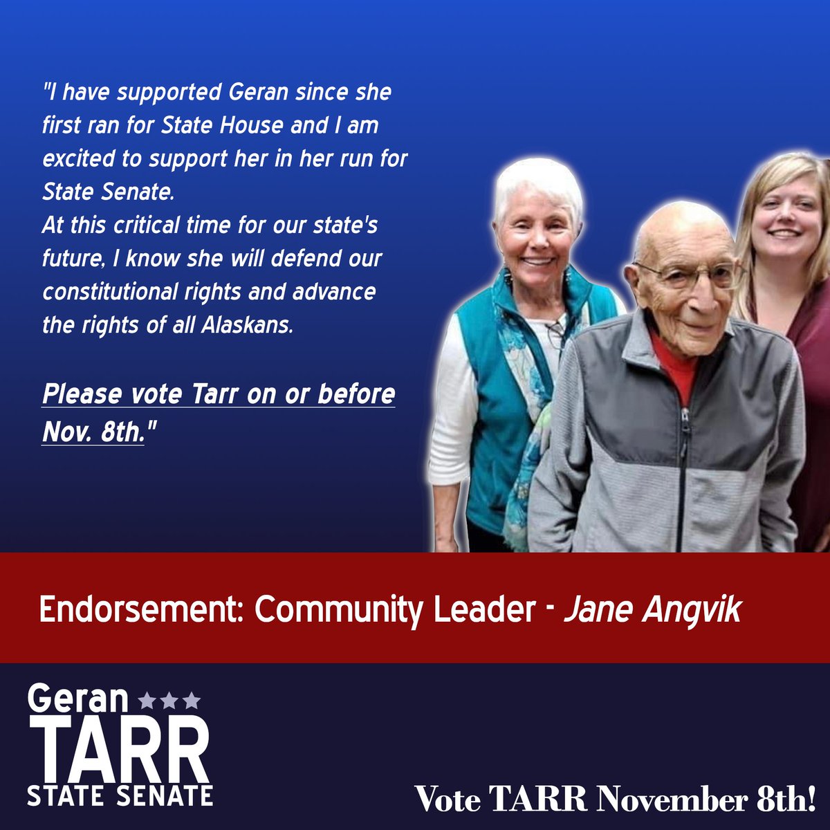 TarrforAlaska's tweet photo. Thank you for your support, Jane! #akleg #akelect https://t.co/5Ff2ROYLN2