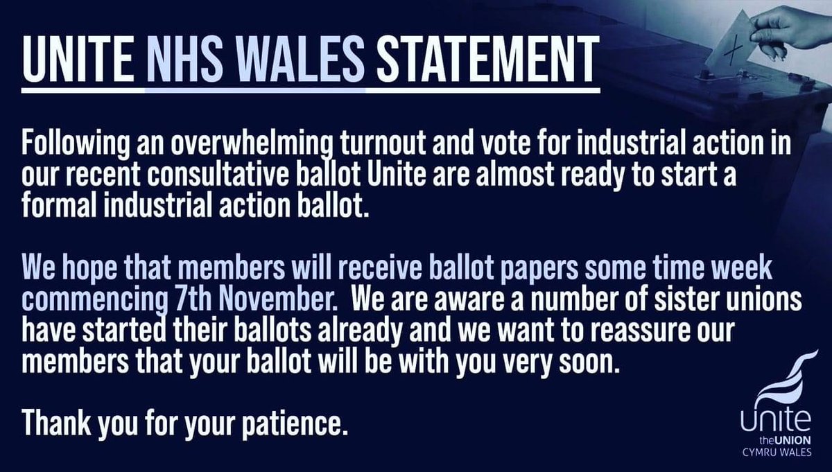 Our UNITE Members in NHS Wales will start to see their Ballots arriving towards the end of next week. As soon as you receiver your ballot paper PLEASE complete and POST IT BACK . Lets get this done !!!!!!!!!