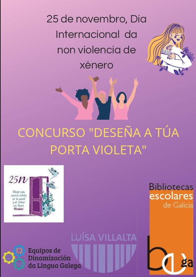 ies_decacheiras's tweet photo. Co gallo do 25N, o Equipo da biblioteca e o EDLG propoñen o concurso Deseña a túa porta violeta.

Poden participar todos os grupos de ESO e bacharelato.

Anim��devos, queremos ver moitas portas lilas!! https://t.co/7CAKkNrYek