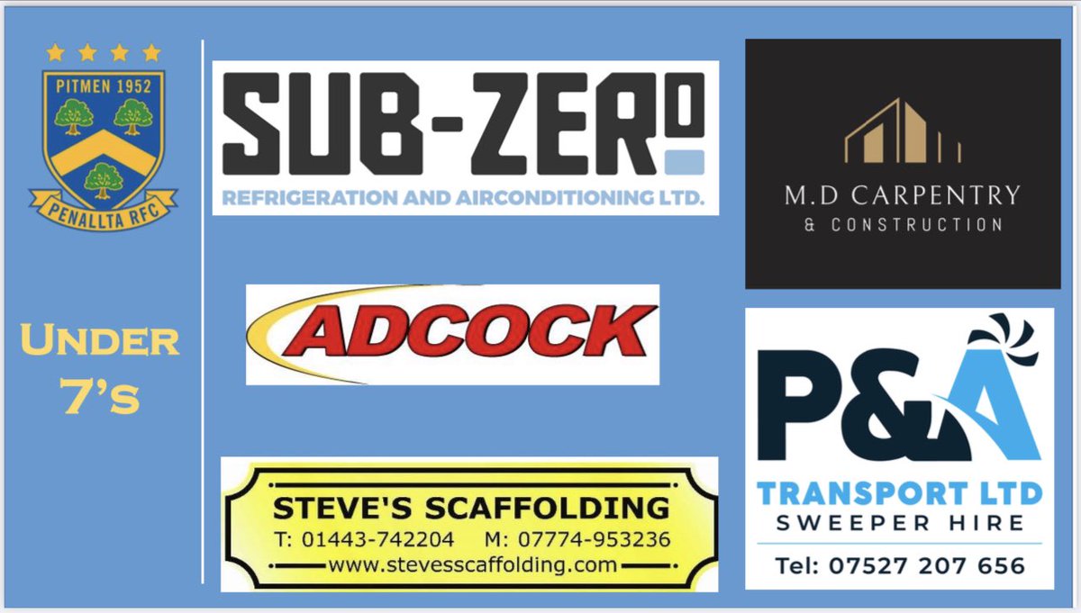 Over the coming weeks, we will be introducing to you our sponsors for the 2022/23 season. 

We start with our Under 7's.

P&amp;A Transport
Sub-Zero Refrigeration Ltd
H.D.Adcock Nelson LTD
Steve's Scaffolding
MD Carpentry &amp; Construction Ltd

Thank you so much for your sponsorship