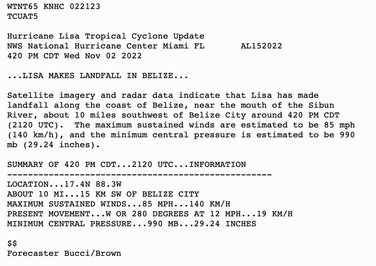 NHC_Atlantic's tweet photo. 4:20 PM CDT Wednesday Update: Hurricane #Lisa makes landfall in Belize about 10 miles southwest of Belize City. The maximum sustained winds are estimated to be 85 mph (140 km/h), and the minimum central pressure is estimated to be 990 mb (29.24 inches). https://t.co/tW4KeGe9uJ https://t.co/hsnAT6Ww75