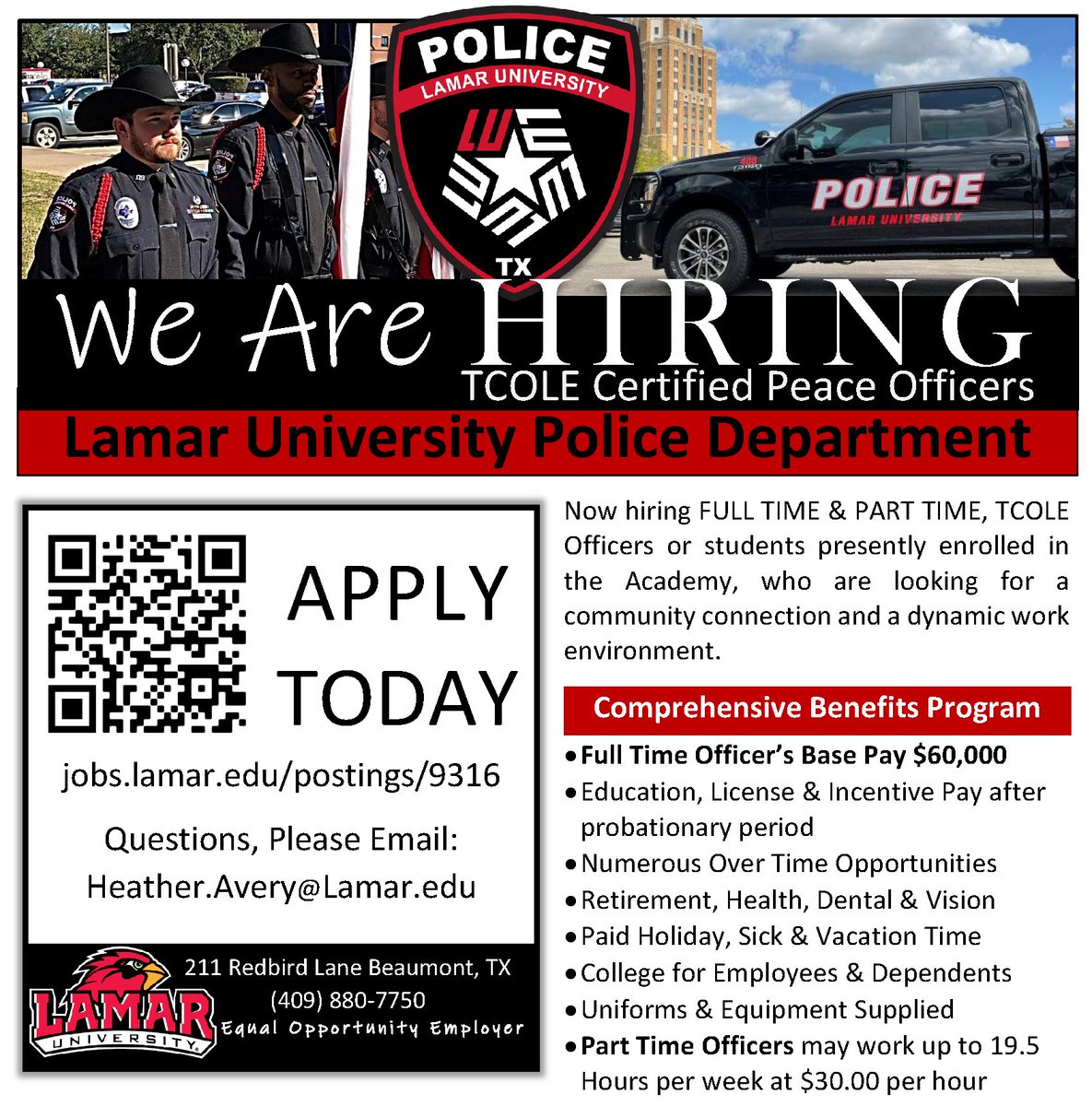 LamarPD's tweet image. We are now hiring Now hiring FULL TIME &amp;amp; PART TIME, TCOLE Officers, base pay $60K.  Apply at: jobs.lamar.edu/postings/9316 and indicate full time or part time on your application.