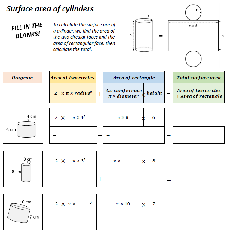 JaggersMaths's tweet photo. I have made a backwards fading / fill in the blanks worksheet on surface area of cylinders that I thought I would share. 
Just like the Pythagoras one I posted earlier this year. 
All answers included (any mistakes let me know!)
https://t.co/FfoKOK1HHF https://t.co/q675Tl6UsX