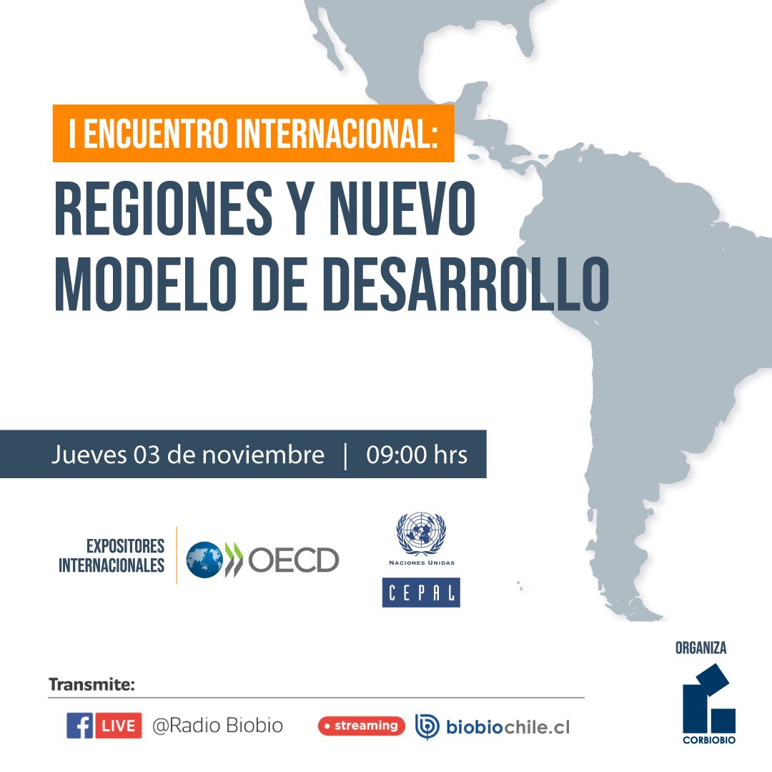 biobio's tweet photo. AHORA | ¡Estamos transmitiendo en vivo! Mira el "Primer Encuentro Internacional: Regiones y nuevo modelo de desarrollo"; con expositores de la OCDE y Cepal. Te invitamos a ver el encuentro organizado por Corbiobío a través de https://t.co/DZPICbl40M. https://t.co/DIGYgt4S5D