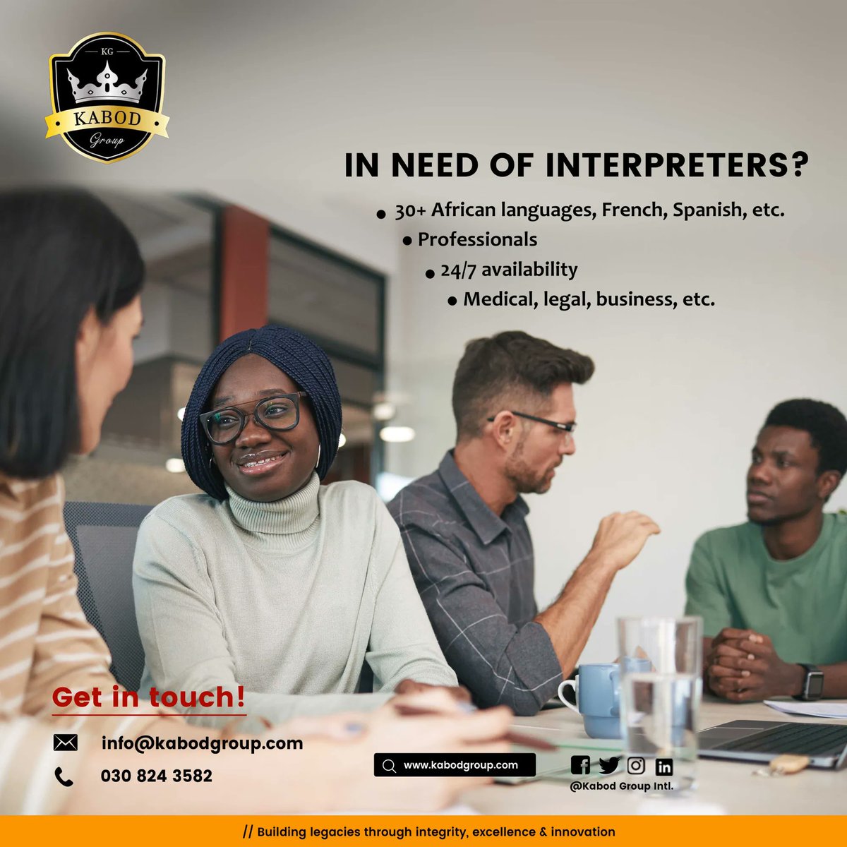 Kabod_Intl's tweet photo. “Breaking Language Barriers with you.”
Kabod Languages Services is capable of providing language services in over 30 African languages!

What are you waiting for? Get in touch now….. languages@kabodgroup.com or call 0308243582. 

#languages #Africanlanguages  #interpreters https://t.co/wAvkNxmSps