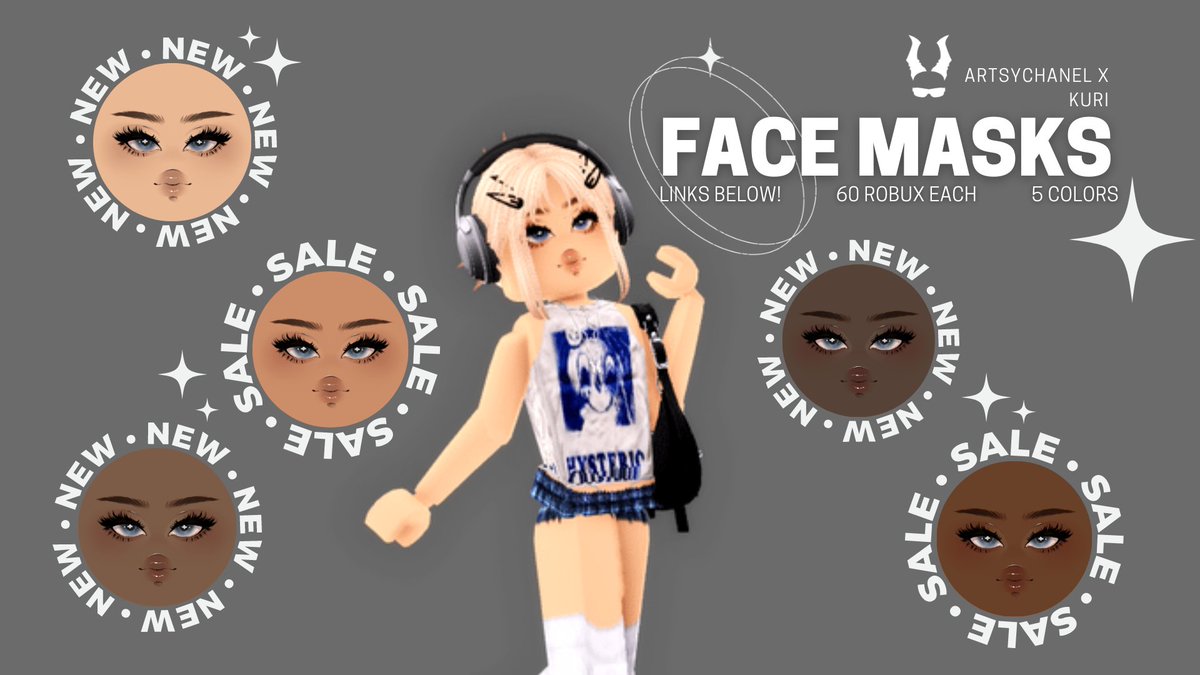 ✧ FACE MASKS ✧ collab with <a href="/KURISHIU/">KURISHIU</a> 💗

✧ 5 colors avaliable
✧ 60 robux
✧ fits woman head
✧ link below!