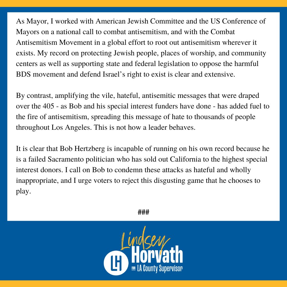LindseyPHorvath's tweet photo. I am sickened by the latest attacks from @hertzieLA &amp; his cronies. #Antisemitism should not be weaponized, especially for one man’s personal political interests. https://t.co/bOBMolgzcP