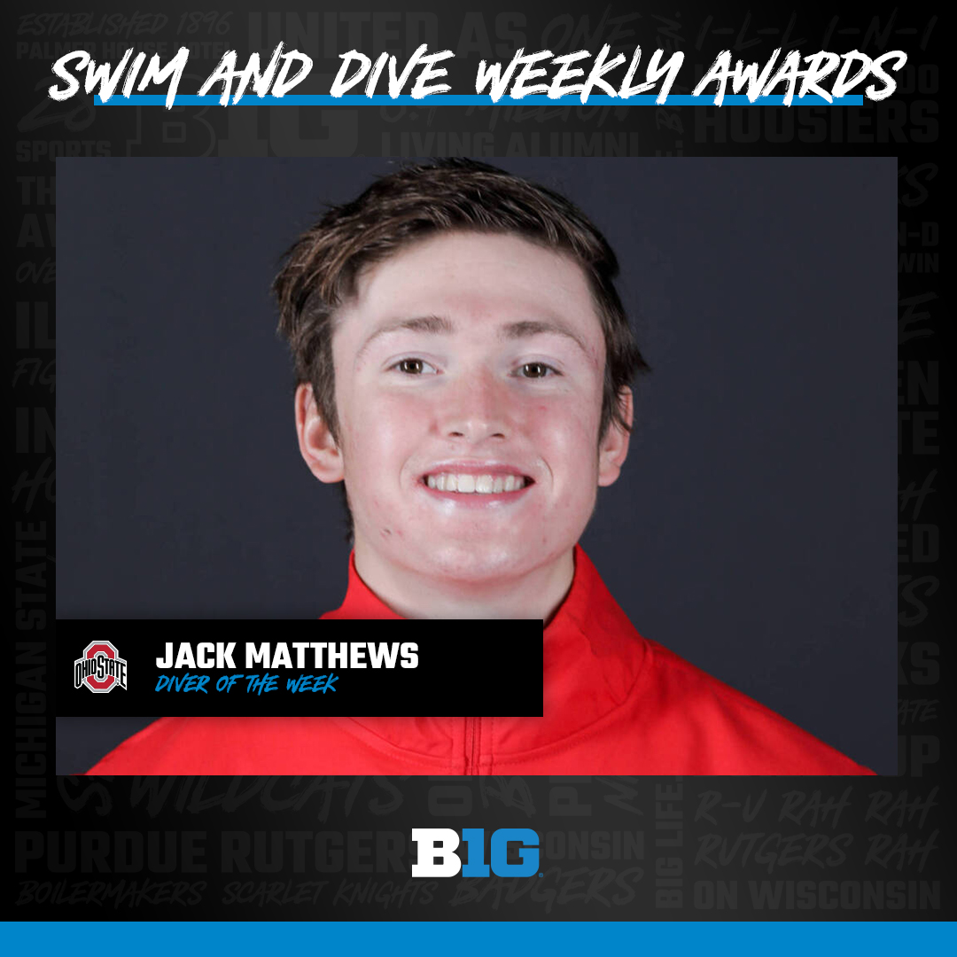 🏊‍♂️ WEEKLY AWARDS 🏊‍♂️ Jack Matthews of @OhioStSwimDive is the Men's #B1GSD Diver of the Week! ◻️Recorded NCAA Zone qualifying scores in both the 1-meter (380.63 points) and 3-meter (382.65) events 🔗 bit.ly/3fBrj4q
