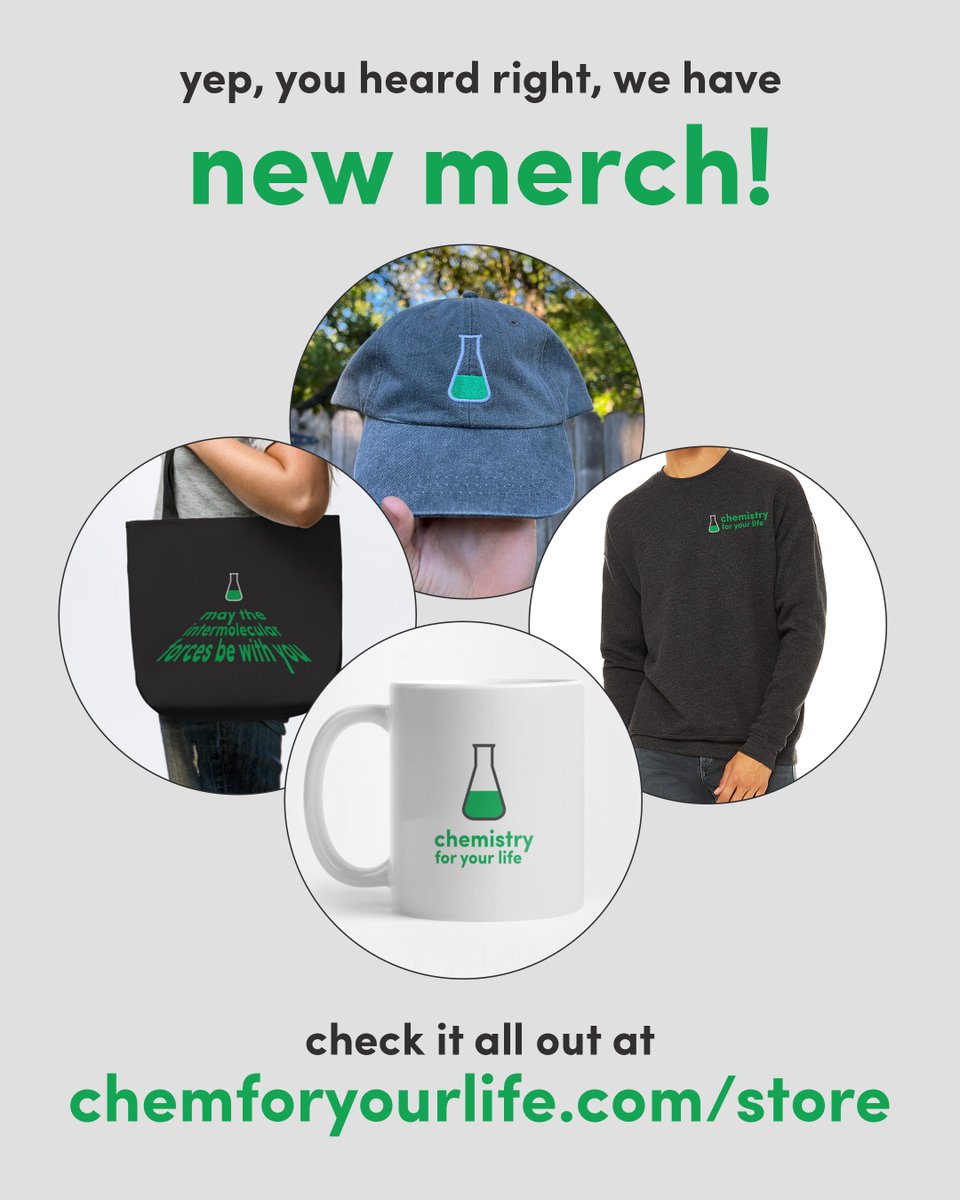 You've been asking for a long time and we've finally got new merch! You can find it all on chemforyourlife.com/store. ⭐️ Hats ⭐️ Shirts, Sweatshirts, Tanks ⭐️ Mugs, Travel Mugs ⭐️ Stickers, magnets, pins ⭐️ Totes, cases, notebooks