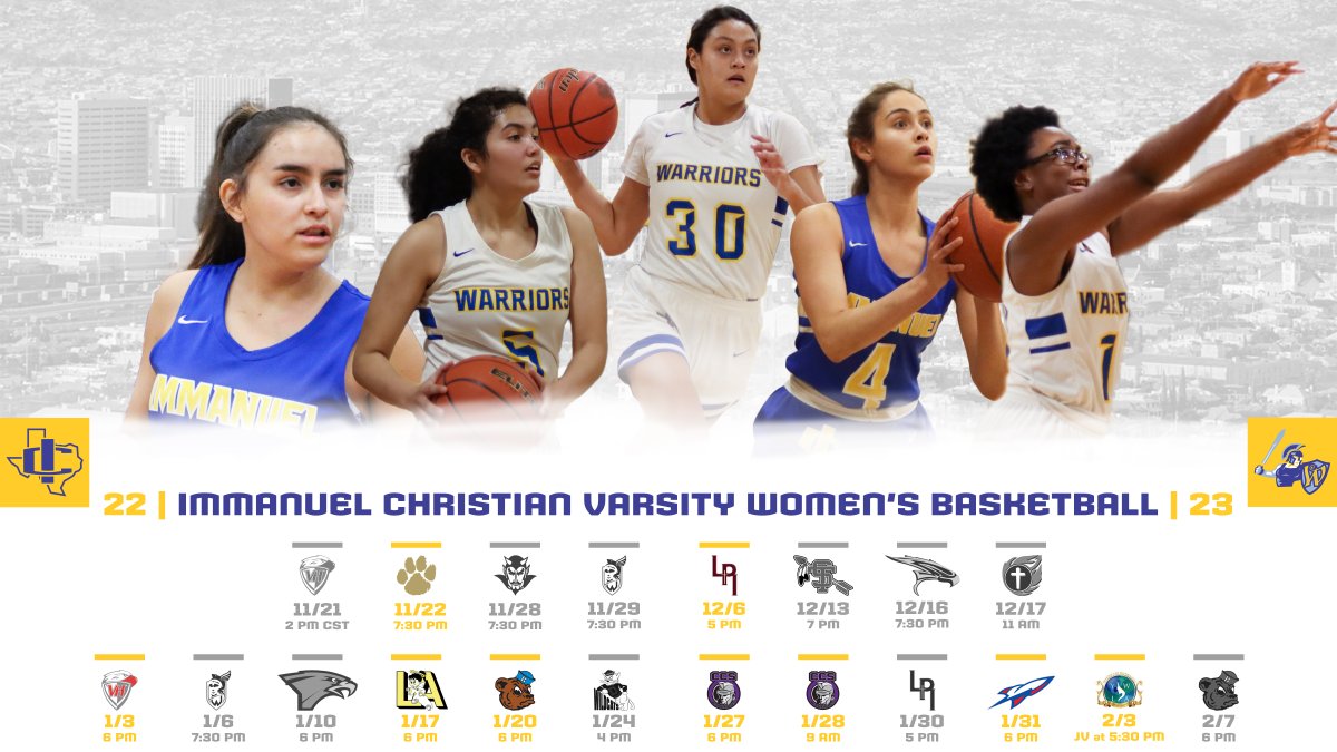ICS_AthleticsEP's tweet photo. 2022-23 Varsity Women’s Basketball Schedule; Highlighted by Games Against Eastlake and San Eli 

Read more: https://t.co/GrNQF2batA 

The most current and up-to-date schedule can always be found at https://t.co/HfstPcKmyW!

#ICWBB2223 🏀
#GoWarriors ⚔️ https://t.co/PumnU2GWHY